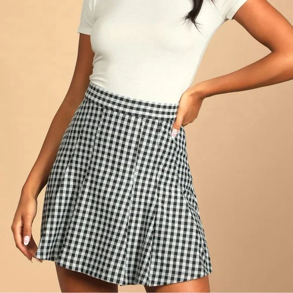 NWT Free People | Honey Blue Multi Gingham Pleated Skater Mini Skirt 10 - Picture 2 of 16